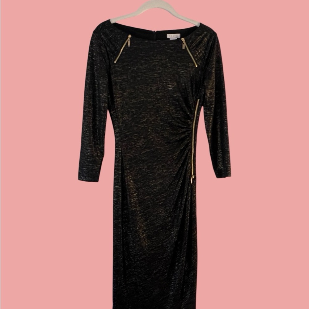 Cache Black Metallic Midi Sheath Dress with Gold Zips